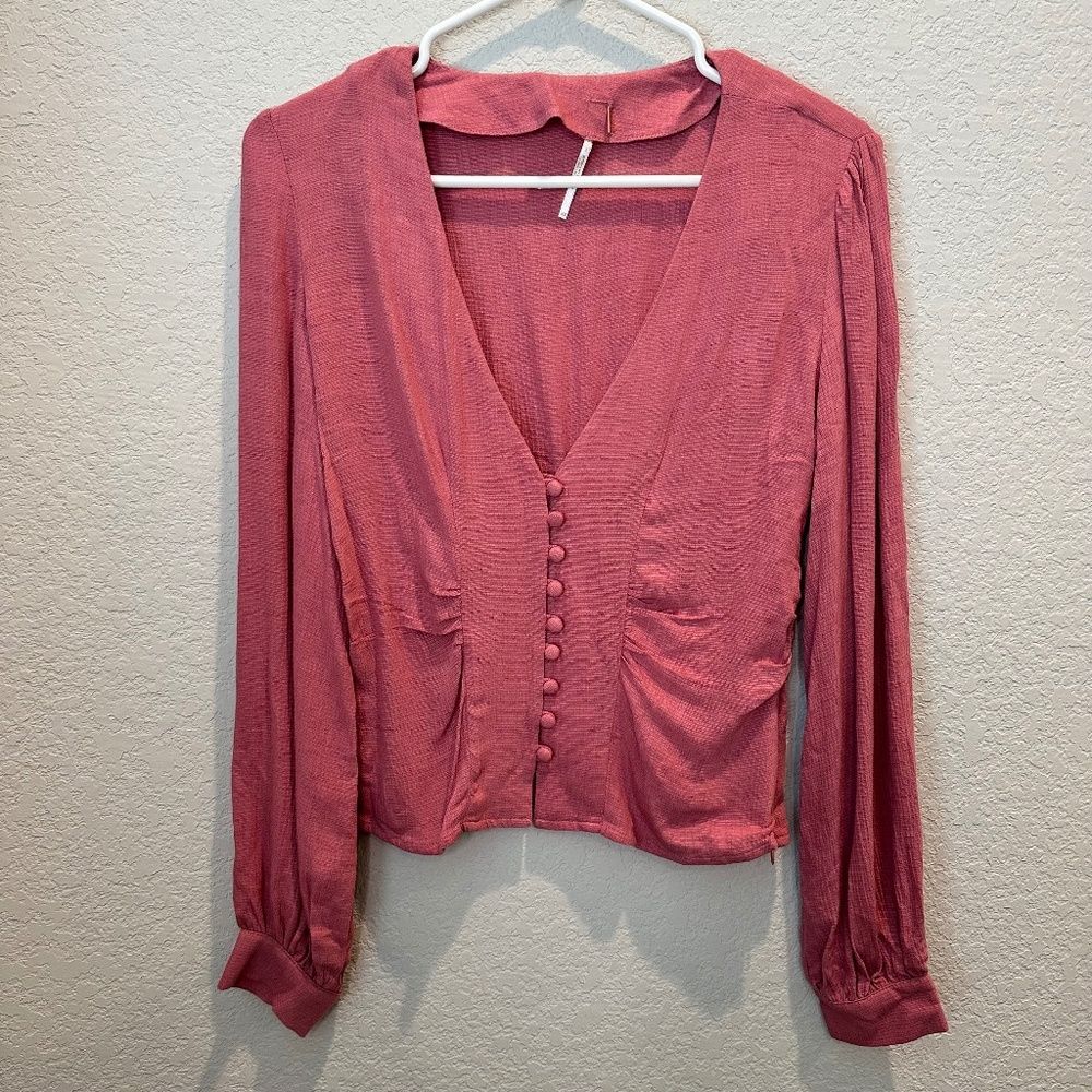 Free People Pink Gauzy Deep V-Neck Button Front Blouse - Size XS - EUC